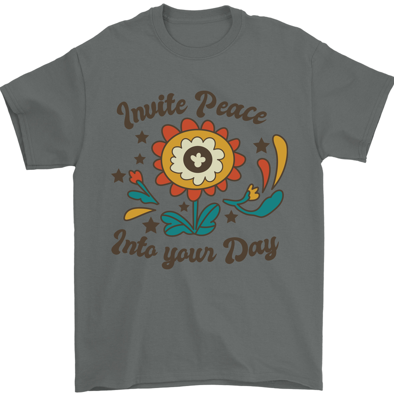 Invite Peace Day Hippy Flower Power Funny Mens T-Shirt Cotton Gildan Charcoal