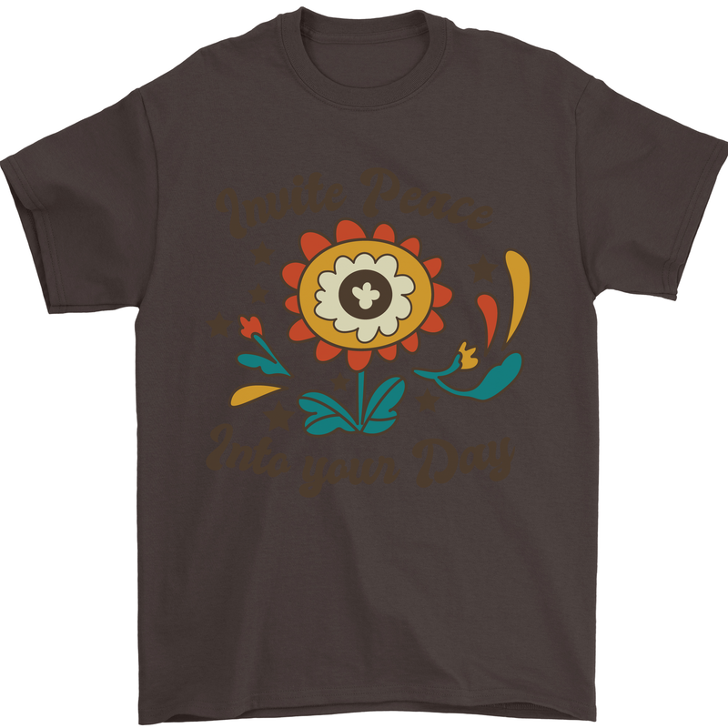 Invite Peace Day Hippy Flower Power Funny Mens T-Shirt Cotton Gildan Dark Chocolate