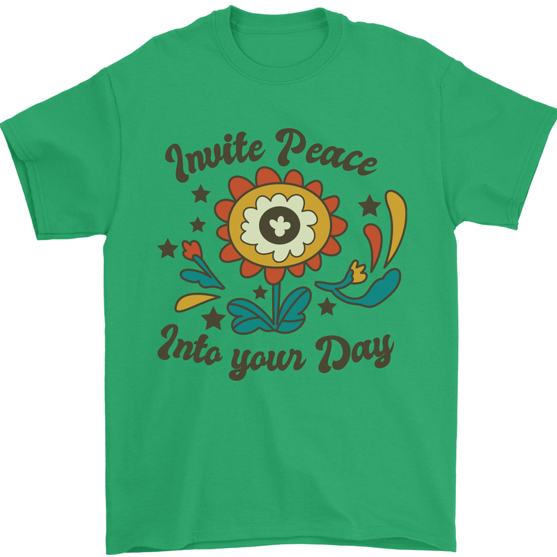 Invite Peace Day Hippy Flower Power Funny Mens T-Shirt Cotton Gildan Irish Green