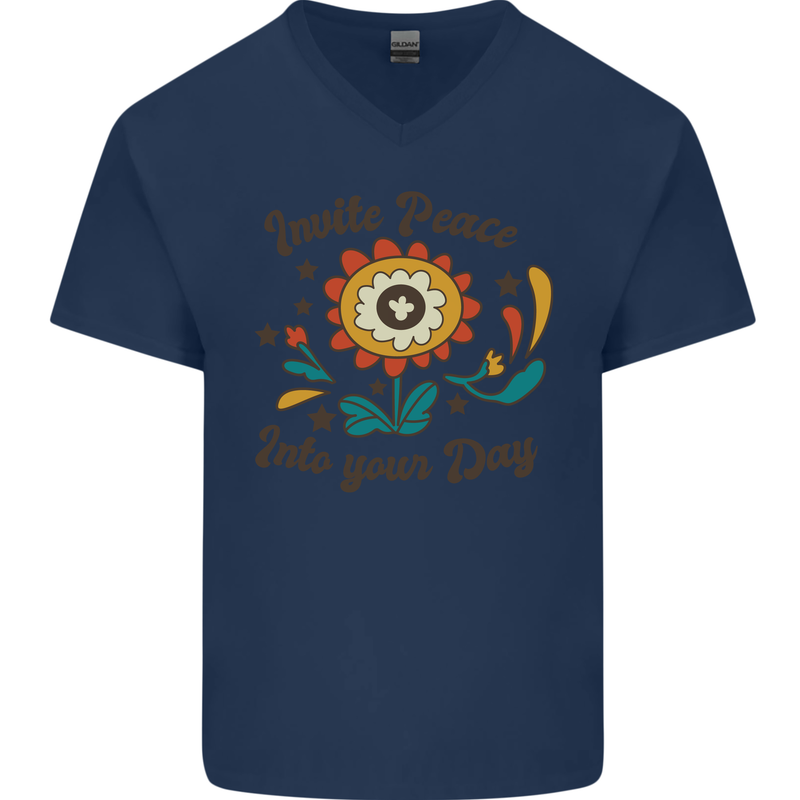 Invite Peace Day Hippy Flower Power Funny Mens V-Neck Cotton T-Shirt Navy Blue