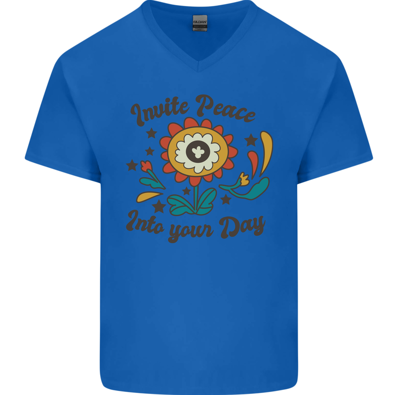 Invite Peace Day Hippy Flower Power Funny Mens V-Neck Cotton T-Shirt Royal Blue