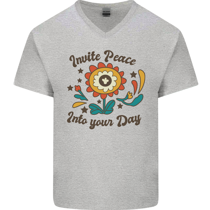 Invite Peace Day Hippy Flower Power Funny Mens V-Neck Cotton T-Shirt Sports Grey