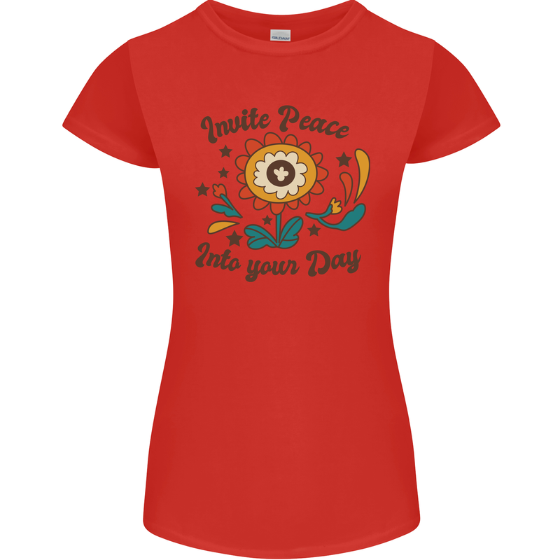 Invite Peace Day Hippy Flower Power Funny Womens Petite Cut T-Shirt Red