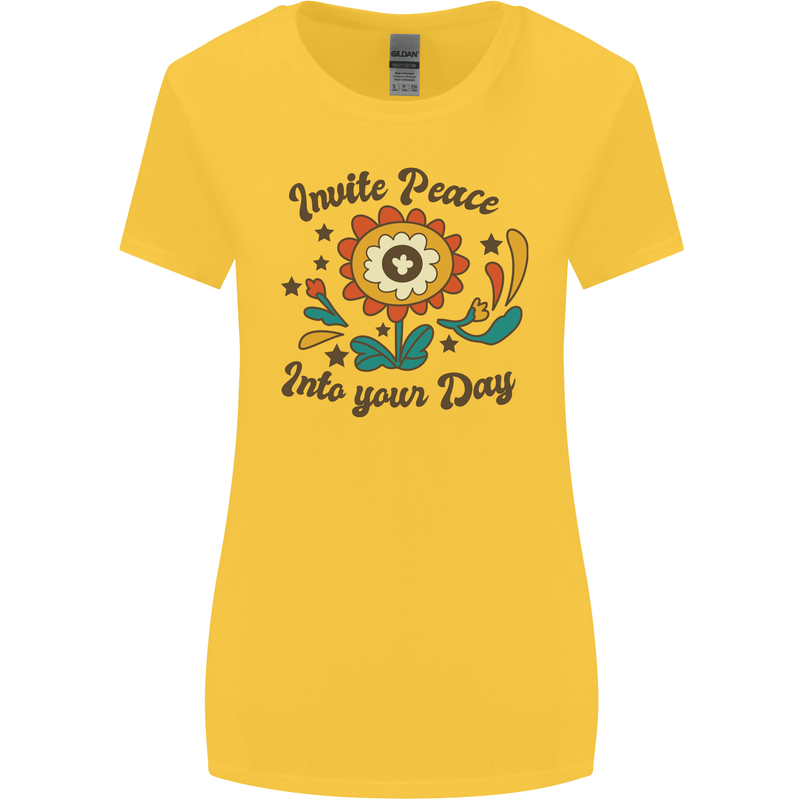 Invite Peace Day Hippy Flower Power Funny Womens Wider Cut T-Shirt Yellow