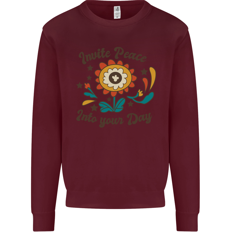 Invite Peace Into Your Day Hippy Love 60's Kids Sweatshirt Jumper Maroon