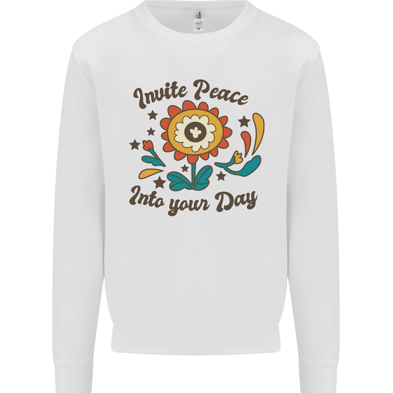 Invite Peace Into Your Day Hippy Love 60's Kids Sweatshirt Jumper White