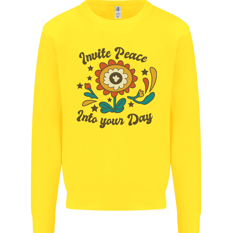 Invite Peace Into Your Day Hippy Love 60's Kids Sweatshirt Jumper Yellow