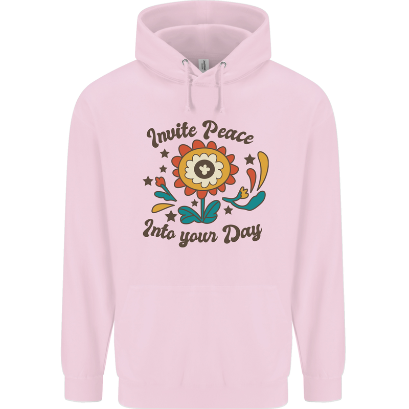Invite Peace Into Your Day Hippy Love 60's Mens 80% Cotton Hoodie Light Pink