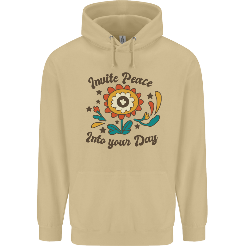 Invite Peace Into Your Day Hippy Love 60's Mens 80% Cotton Hoodie Sand