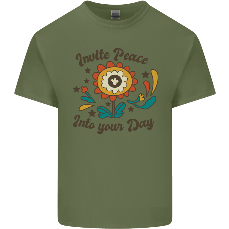 Invite Peace Into Your Day Hippy Love 60's Mens Cotton T-Shirt Tee Top Military Green