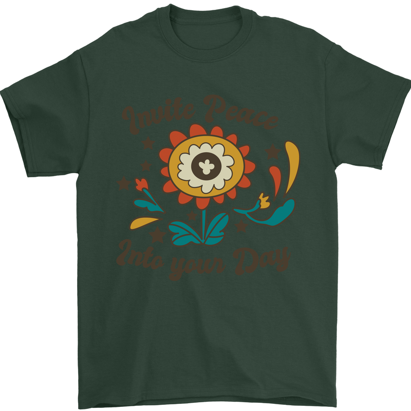 Invite Peace Into Your Day Hippy Love 60's Mens T-Shirt Cotton Gildan Forest Green