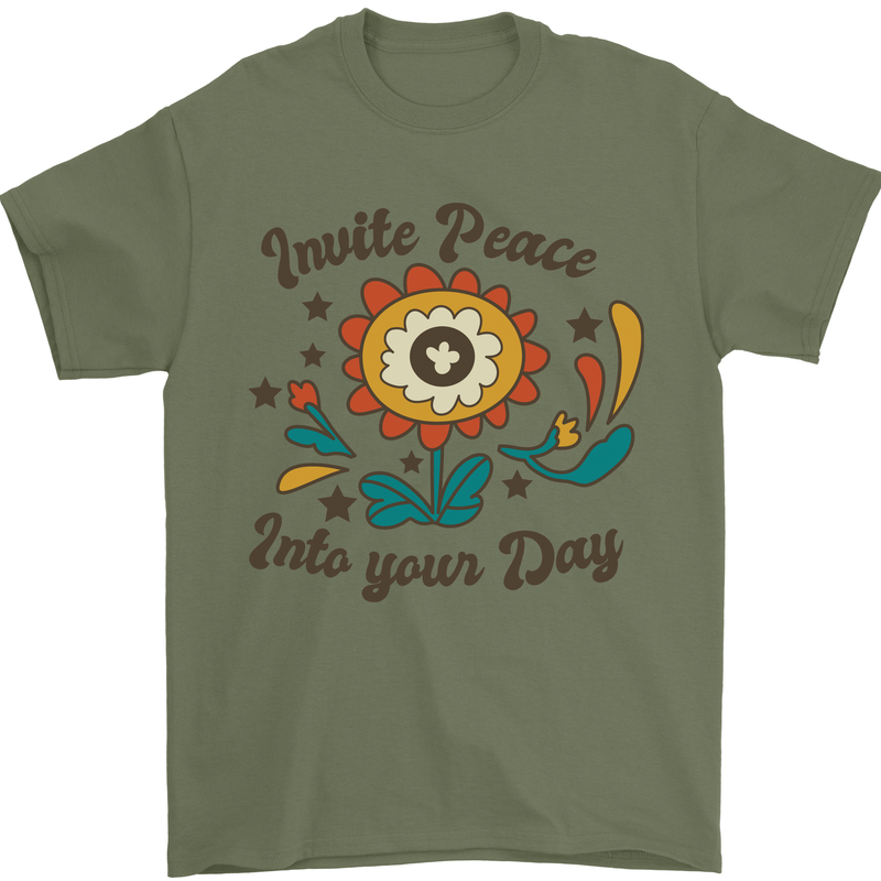 Invite Peace Into Your Day Hippy Love 60's Mens T-Shirt Cotton Gildan Military Green
