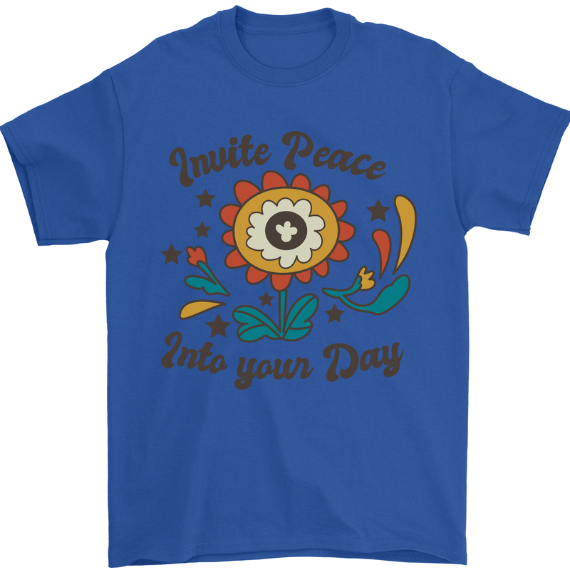 Invite Peace Into Your Day Hippy Love 60's Mens T-Shirt Cotton Gildan Royal Blue