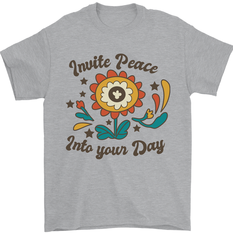 Invite Peace Into Your Day Hippy Love 60's Mens T-Shirt Cotton Gildan Sports Grey
