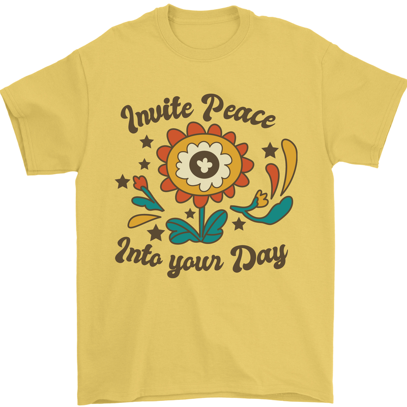 Invite Peace Into Your Day Hippy Love 60's Mens T-Shirt Cotton Gildan Yellow