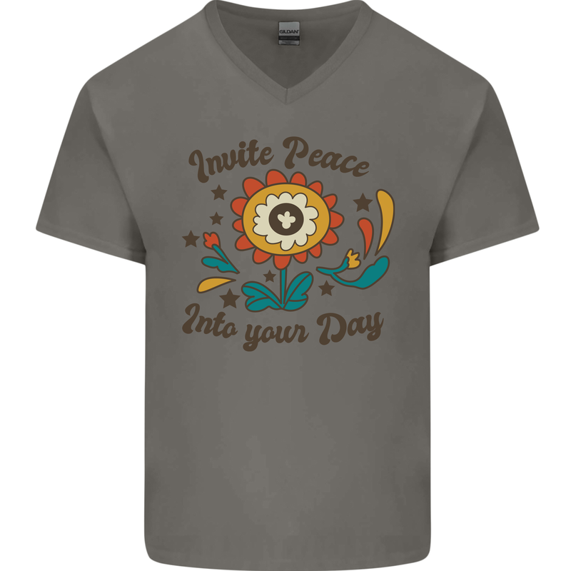 Invite Peace Into Your Day Hippy Love 60's Mens V-Neck Cotton T-Shirt Charcoal