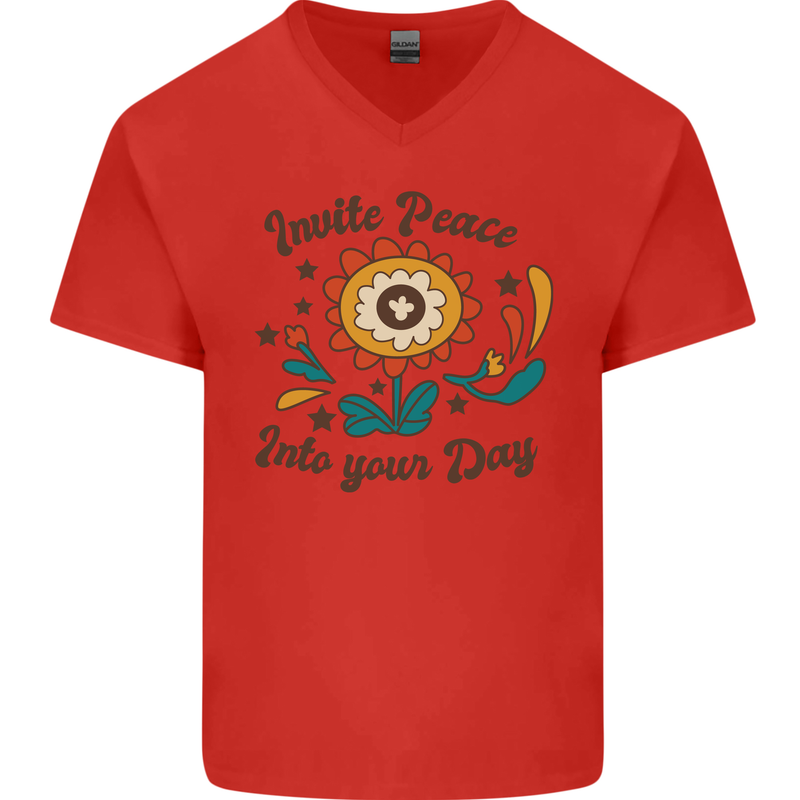 Invite Peace Into Your Day Hippy Love 60's Mens V-Neck Cotton T-Shirt Red