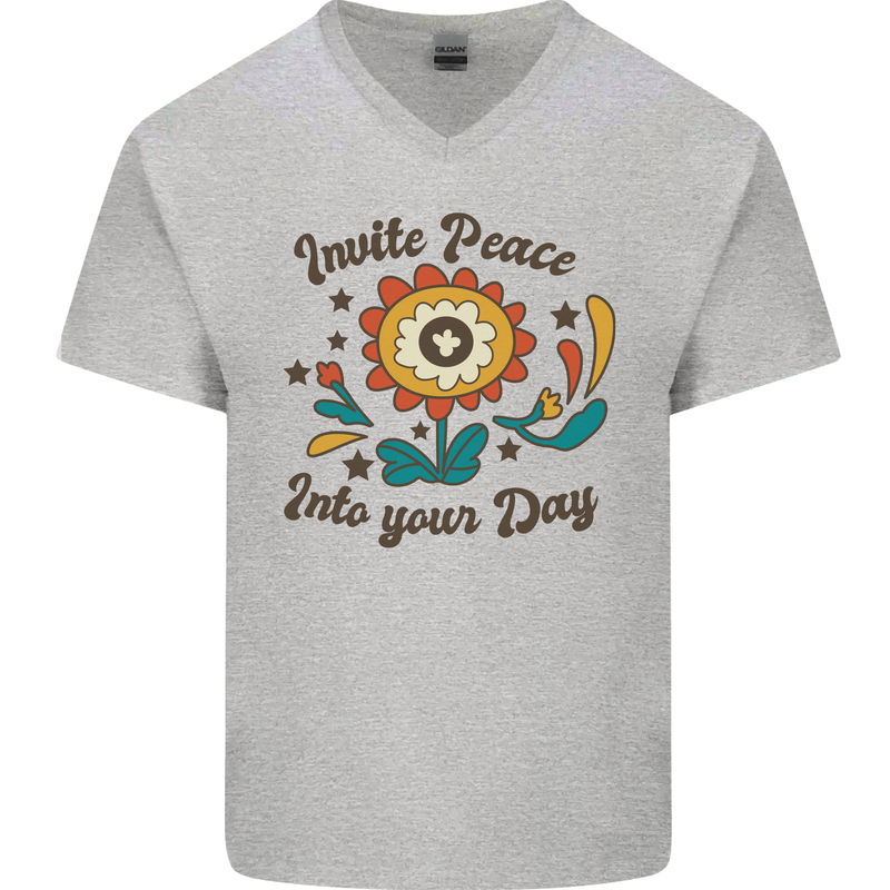 Invite Peace Into Your Day Hippy Love 60's Mens V-Neck Cotton T-Shirt Sports Grey
