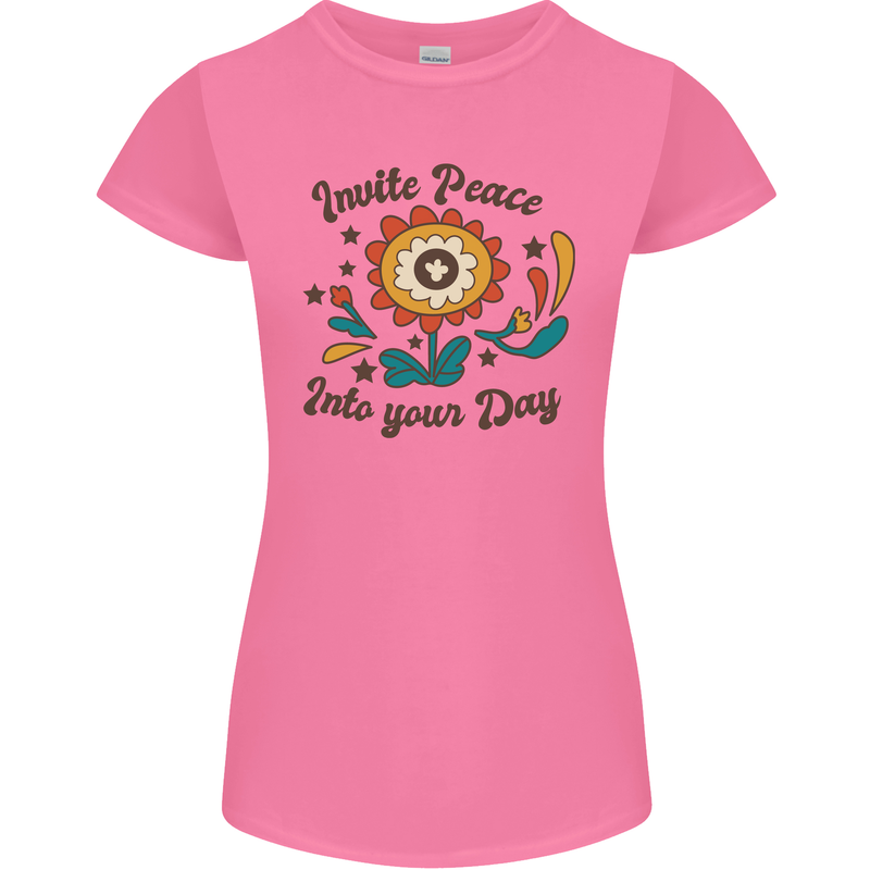 Invite Peace Into Your Day Hippy Love 60's Womens Petite Cut T-Shirt Azalea