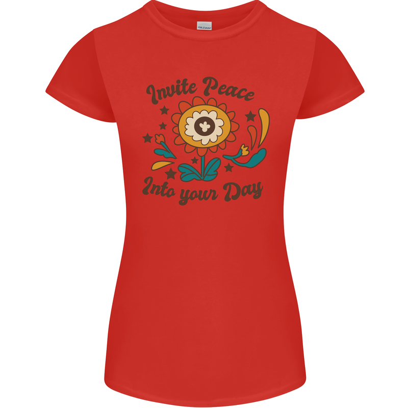 Invite Peace Into Your Day Hippy Love 60's Womens Petite Cut T-Shirt Red