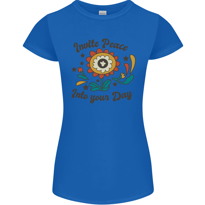 Invite Peace Into Your Day Hippy Love 60's Womens Petite Cut T-Shirt Royal Blue