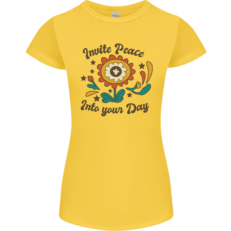 Invite Peace Into Your Day Hippy Love 60's Womens Petite Cut T-Shirt Yellow