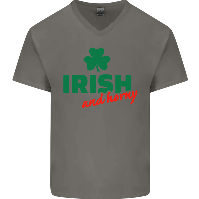 Irish and Horny St. Patrick's Day Mens V-Neck Cotton T-Shirt Charcoal