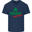 Irish and Horny St. Patrick's Day Mens V-Neck Cotton T-Shirt Navy Blue