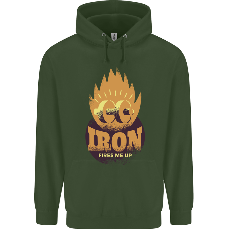 Iron Fires Me Up Gym Bodybuilding Childrens Kids Hoodie Forest Green