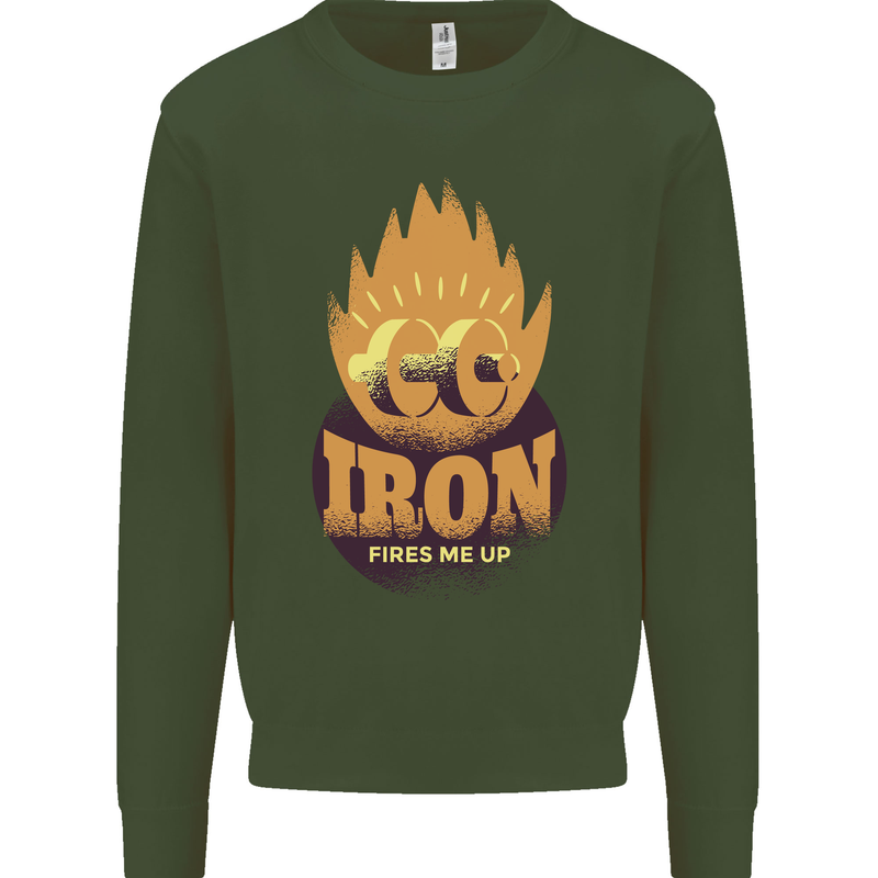 Iron Fires Me Up Gym Bodybuilding Kids Sweatshirt Jumper Forest Green
