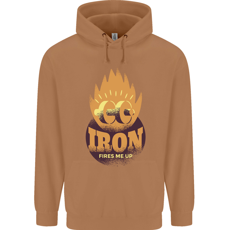 Iron Fires Me Up Gym Bodybuilding Mens 80% Cotton Hoodie Caramel Latte