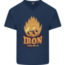 Iron Fires Me Up Gym Bodybuilding Mens V-Neck Cotton T-Shirt Navy Blue