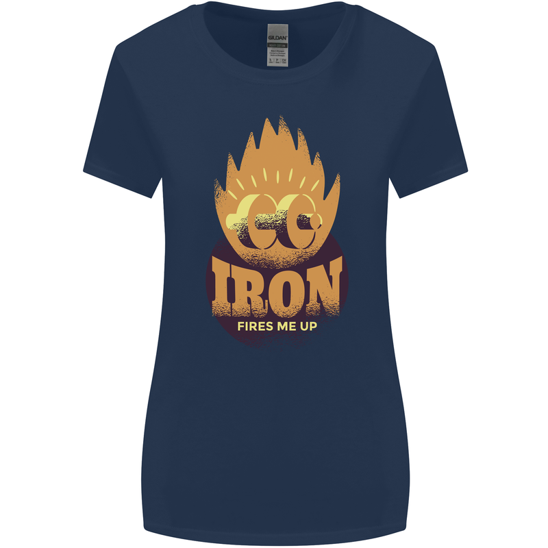 Iron Fires Me Up Gym Bodybuilding Womens Wider Cut T-Shirt Navy Blue