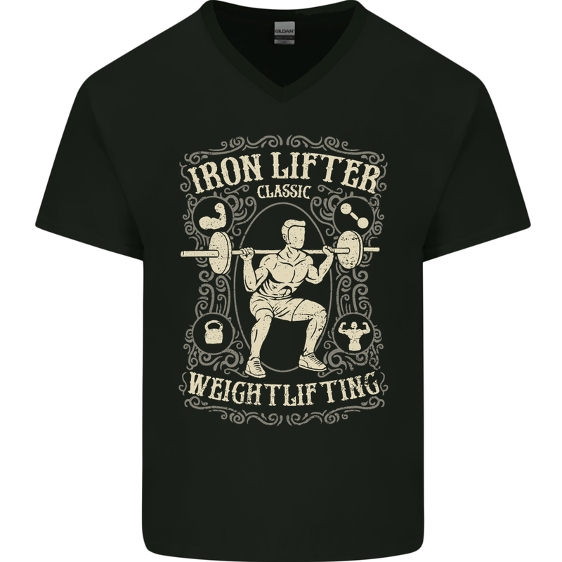 Iron Lifter Gym Bodybuilding Training Top Mens V-Neck Cotton T-Shirt Black