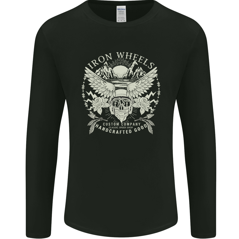 Iron Wheels Biker Motorcycle Motorbike Mens Long Sleeve T-Shirt Black