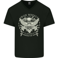 Iron Wheels Biker Motorcycle Motorbike Mens V-Neck Cotton T-Shirt Black