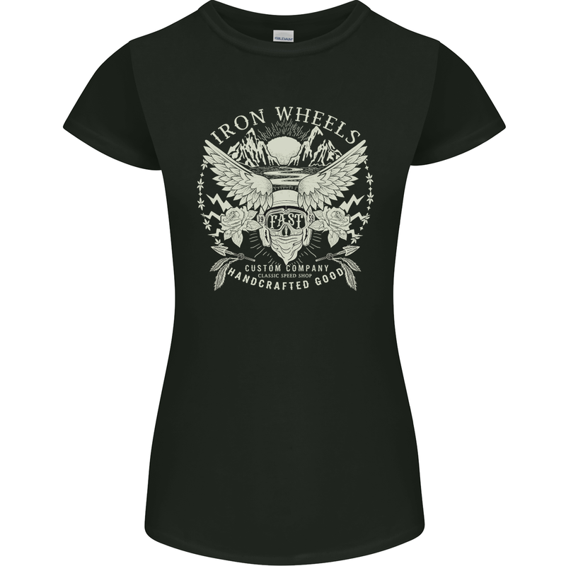 Iron Wheels Biker Motorcycle Motorbike Womens Petite Cut T-Shirt Black