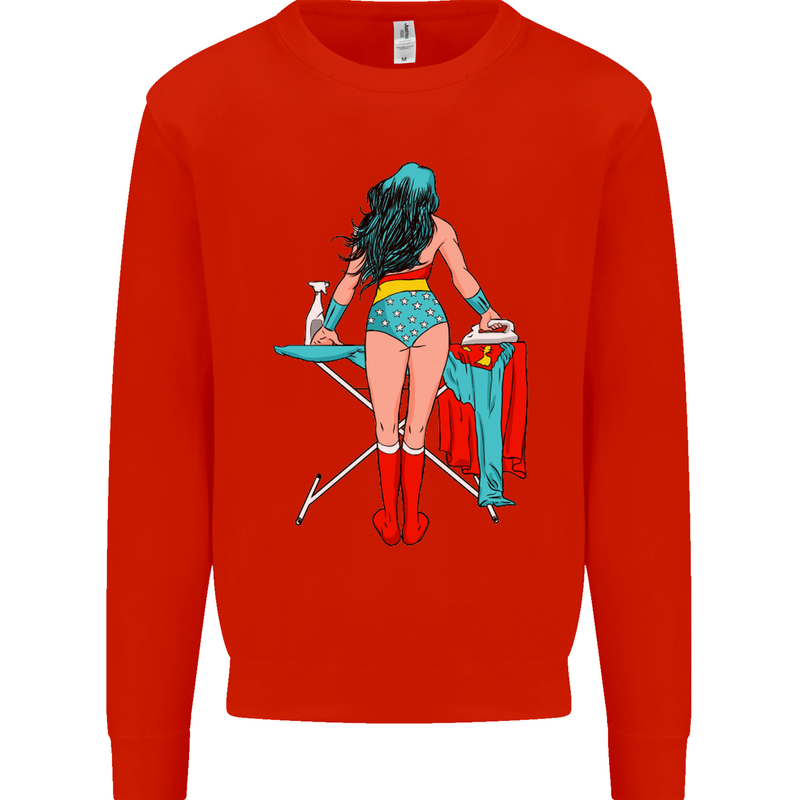 Ironing Superhero Funny Kids Sweatshirt Jumper Bright Red