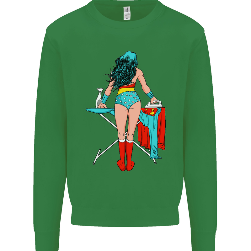Ironing Superhero Funny Kids Sweatshirt Jumper Irish Green