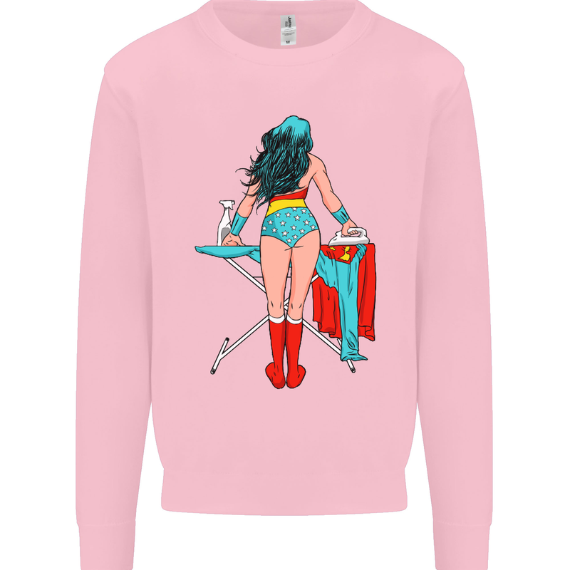 Ironing Superhero Funny Kids Sweatshirt Jumper Light Pink