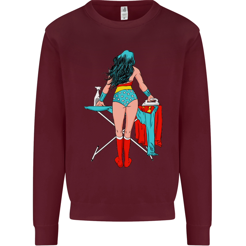 Ironing Superhero Funny Kids Sweatshirt Jumper Maroon