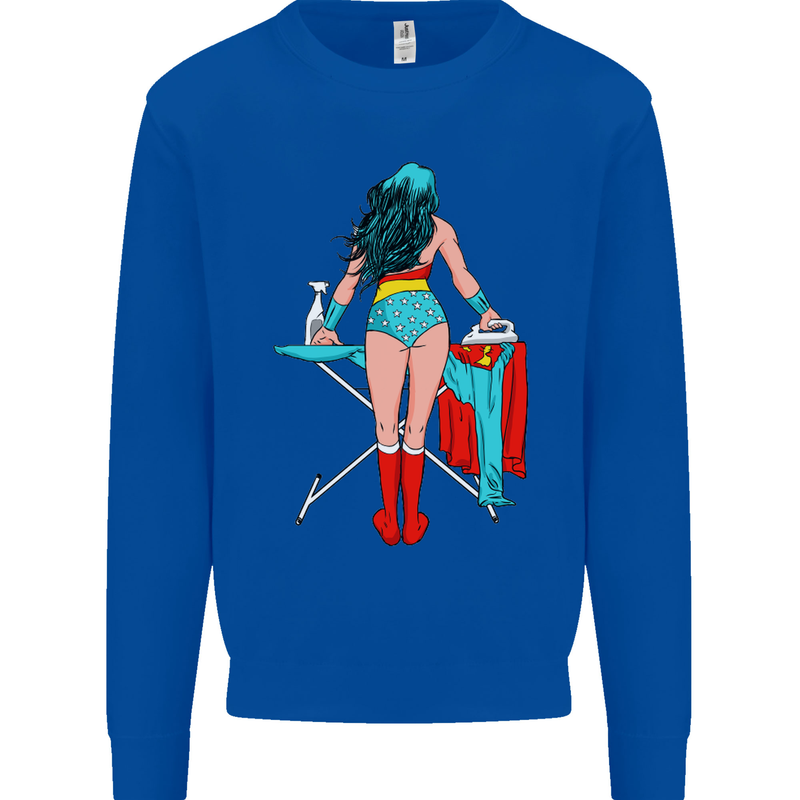 Ironing Superhero Funny Kids Sweatshirt Jumper Royal Blue