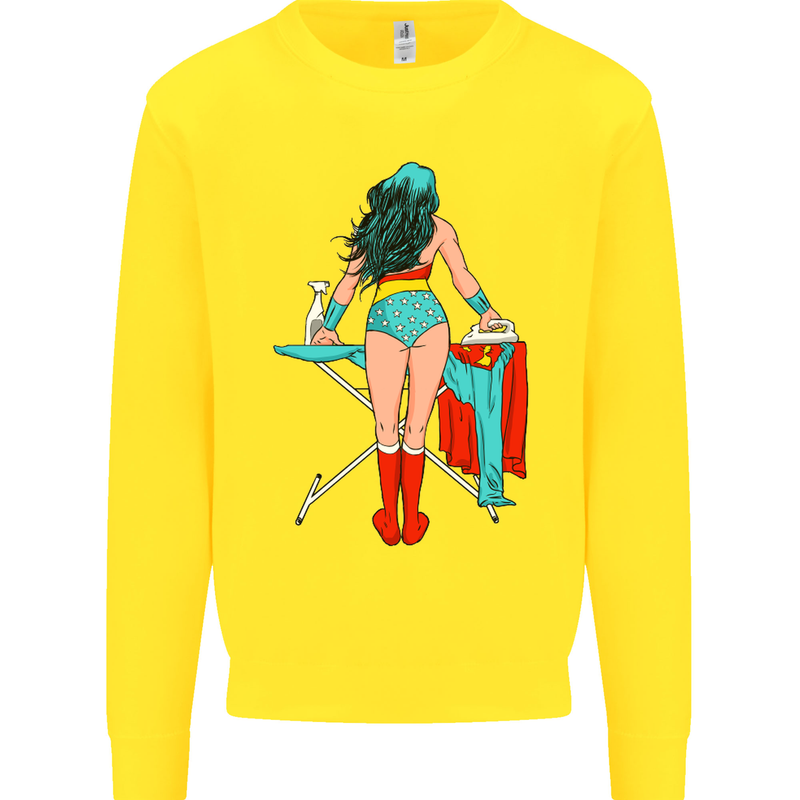 Ironing Superhero Funny Kids Sweatshirt Jumper Yellow