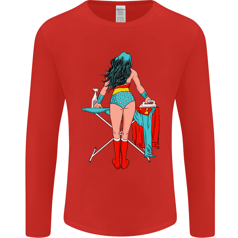 Ironing Superhero Funny Mens Long Sleeve T-Shirt Red