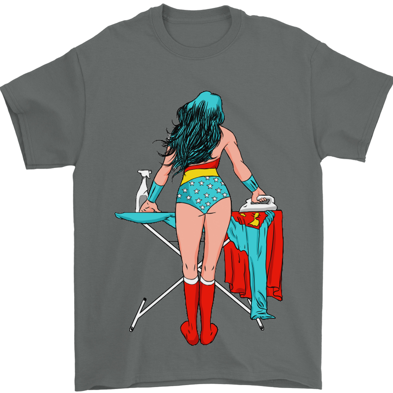 Ironing Superhero Funny Mens T-Shirt Cotton Gildan Charcoal