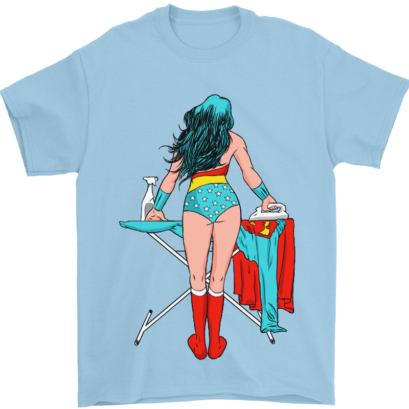 Ironing Superhero Funny Mens T-Shirt Cotton Gildan Light Blue