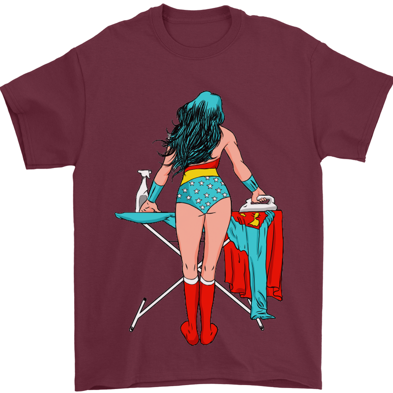 Ironing Superhero Funny Mens T-Shirt Cotton Gildan Maroon