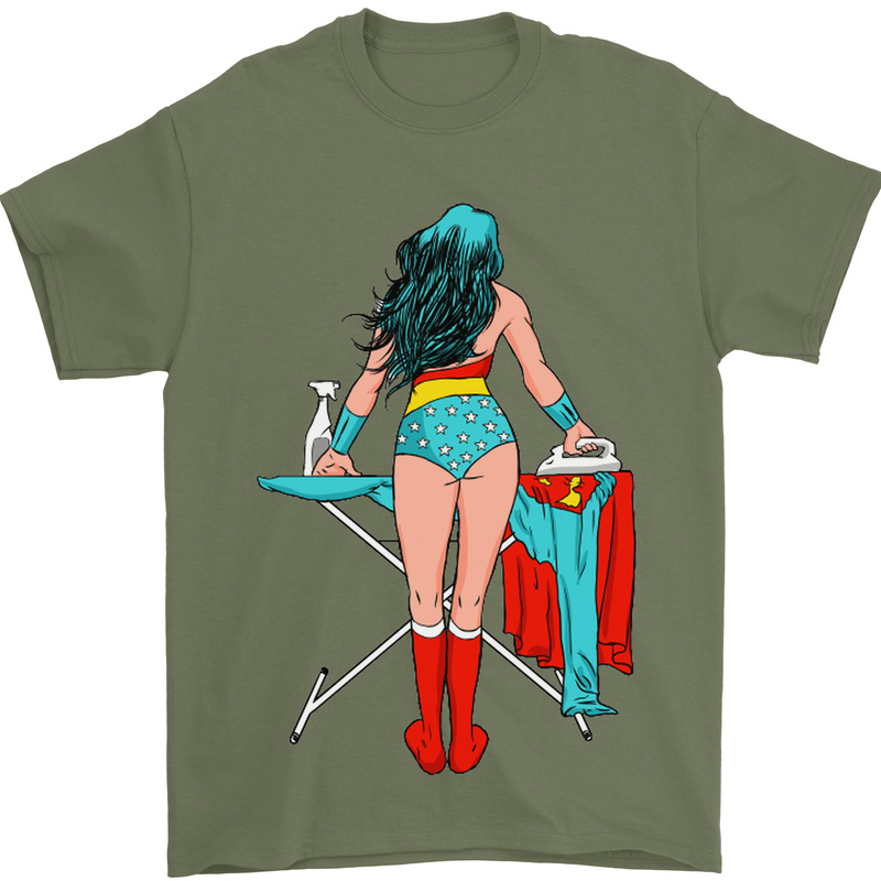 Ironing Superhero Funny Mens T-Shirt Cotton Gildan Military Green