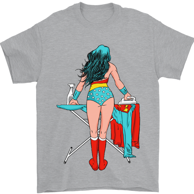 Ironing Superhero Funny Mens T-Shirt Cotton Gildan Sports Grey