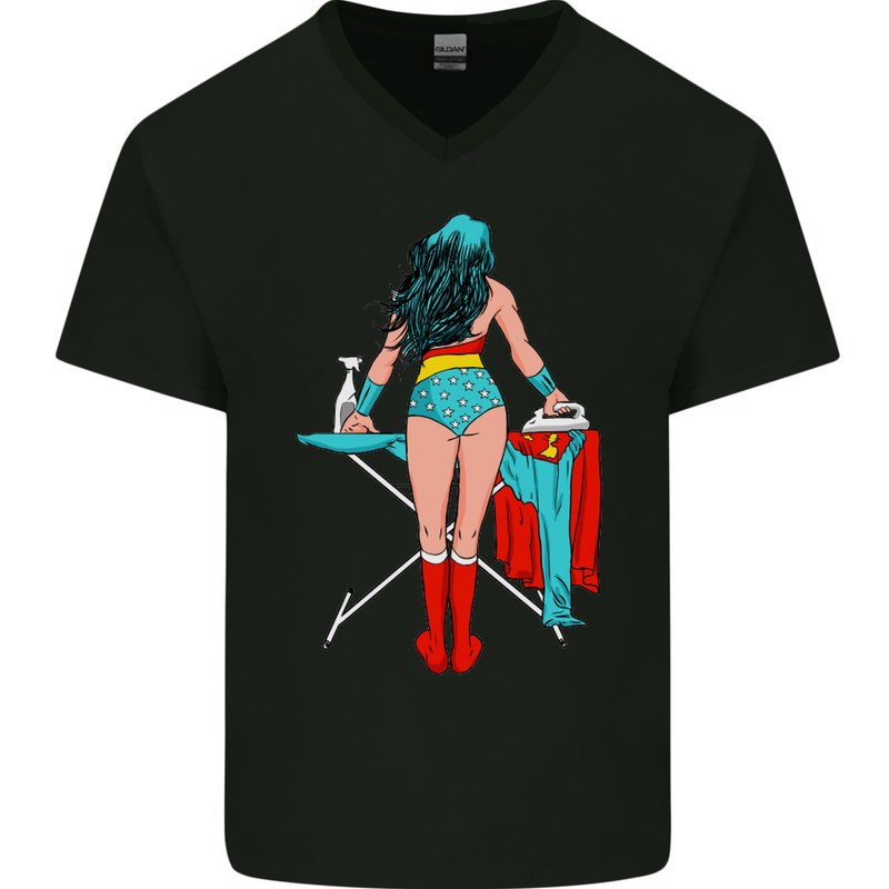 Ironing Superhero Funny Mens V-Neck Cotton T-Shirt Black